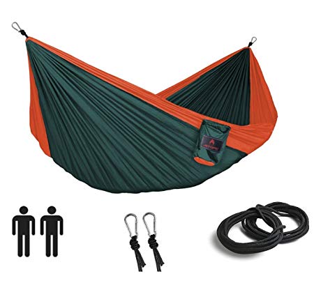 Two Person Camping Hammock - Lightweight Compact Hammock Best for Backpacking , Beach , Backyard , Outdoor - Ultralight Double Parachute Hammock . Gear Includes Tree Ropes & Steel Carabiners