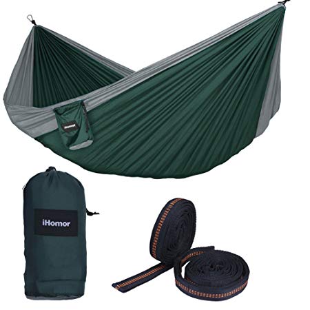 iHomor Double Camping Hammock Outdoor Parachute Camping Hammock Lightweight and Compact w/ 9ft Outfitters Atlas Strap