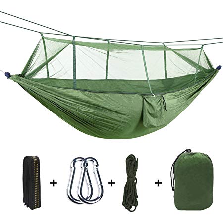 Camping Hammock with Mosquito/Bug Net, HENGQIANG 210T Nylon Portable Double Hammock with Straps and Carabiners, Hold up To 660LBs for Outdoor Backpacking, Traveling, Beach, Size 102 x 55 Inches