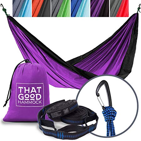 THAT GOOD HAMMOCK Double Camping Hammock w/ Hammock Straps & Wiregate Carabiners. Portable Nylon Parachute Hammock for Backpacking Camping & Travel