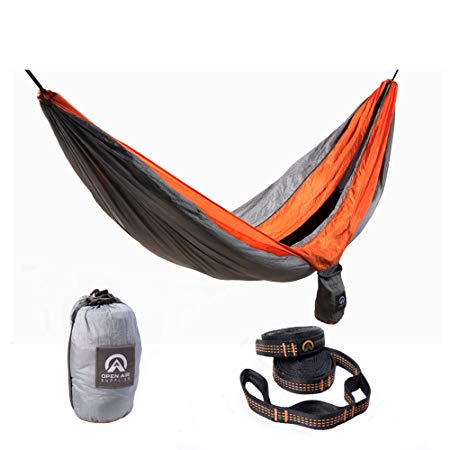 Open Air Supplies Double Camping Hammock Set With Strong Nylon Tree Straps and Carabiners - 5 minute setup