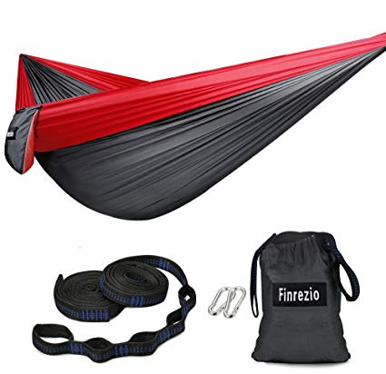 Finrezio Single Double Camping Hammock,Portable Parachute Cloth Hammock for Backpacking,Beach,Yard ,with 2 Straps,36 Adjustable Loops,100% No Stretch Suspension,2 Carabiners(106