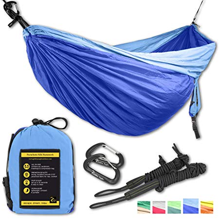 Golden Eagle Double Camping Hammock Set - Incl. 2 carabiners and 2 ropes - 118 x 78 in - 600 lbs load - Top Rated Best Quality Lightweight Parachute Nylon 210T. 2 YEARS-WARRANTY.